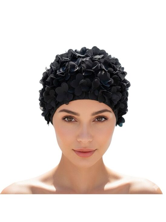 Unbranded Accessories - Black Floral Swim Cap 3D Flower Retro Glam